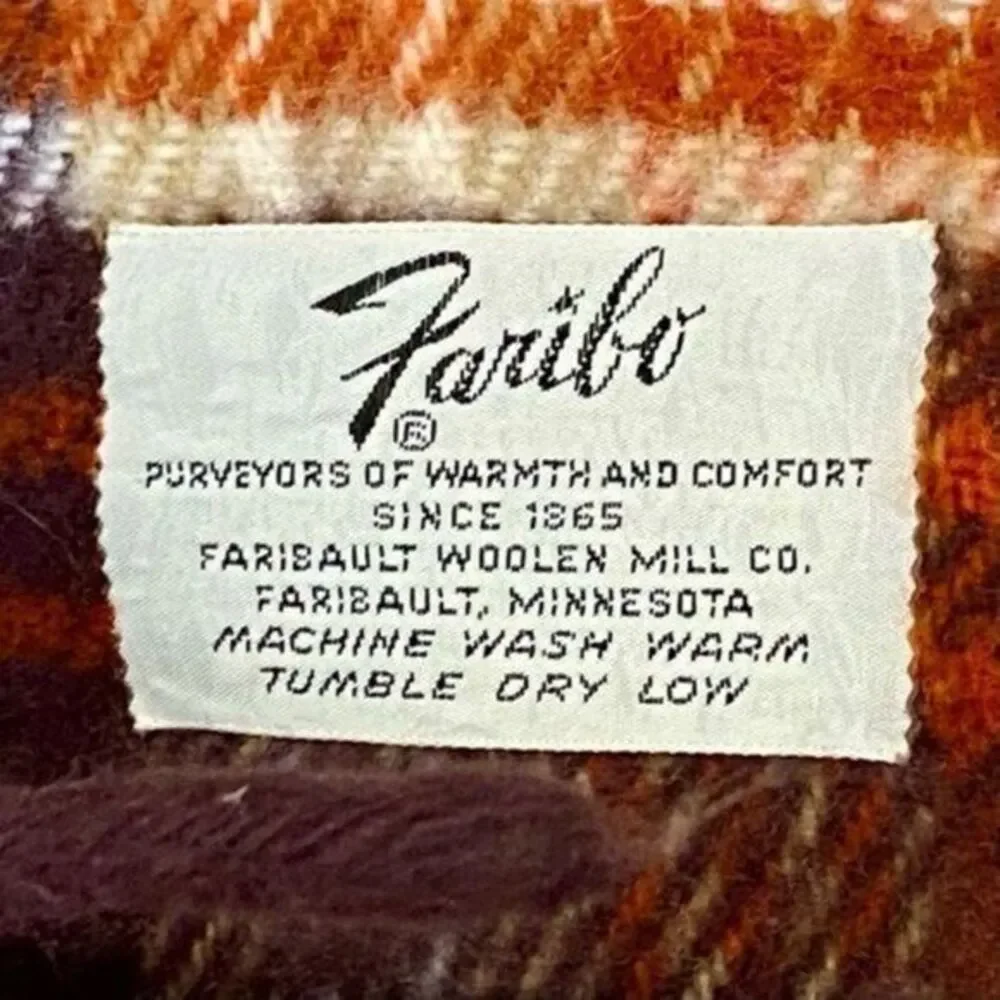 Vintage Faribault‎ Plaid Throw Blanket Brown Orange Fringe Cabin Decor